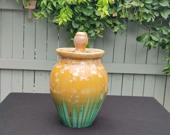 Crystalline Glaze Pottery Ginger Jar with Lid – Gold and Teal, 13"H