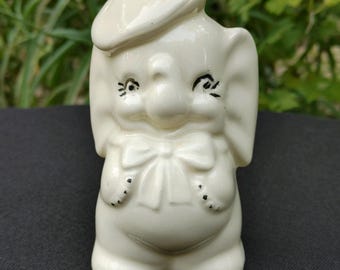 Vintage White Glossy Elephant Coin Bank With Stylish Beret/1960's/Charming Collectible