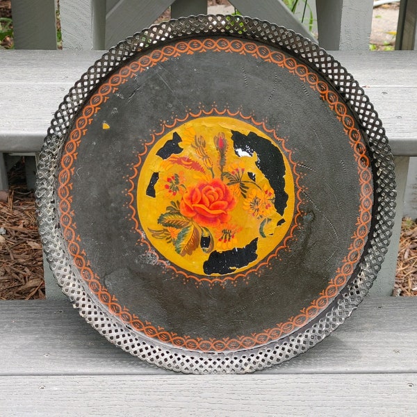 Hand-Painted Colorful Round Black Tray / 1950's Serving Tray / Signed by Artist E.S.H. December 25, 1950.