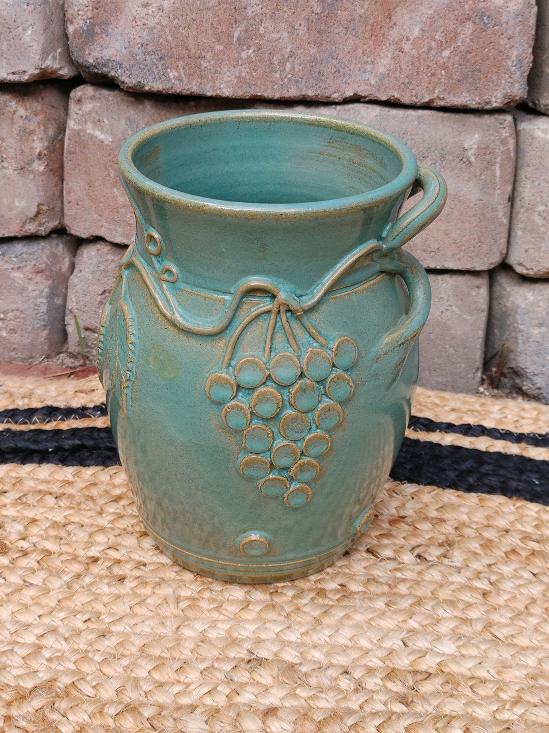 Rare Wintonrosa Eugene Pottery Vase, Hand Thrown Grapes Design, Teal
