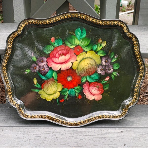 USSR Black Floral Stamped Serving Tray / AP7.H-HXN-MO-1 made in Russia 1970's hand-painted