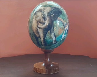 Artisan Sherry Rowe Hand Painted Collectible Ostrich Egg / "The Big Five African Animals"