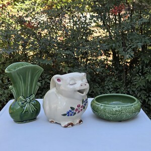 Vintage Shawnee keramiklott – Murgrönekruka, Smiley Pig-kanna, Flugvas