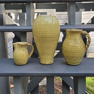Seagrove NC Pottery Vase, Cream Pitcher, Braided Handle, Speckled Yellow