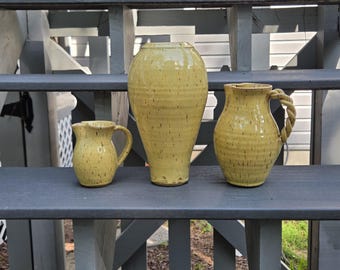 Seagrove NC Pottery Vase, Cream Pitcher, Braided Handle, Speckled Yellow