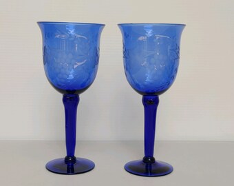 Cobalt Blue Glass Goblet: Hand-Blown Grape Vine Design