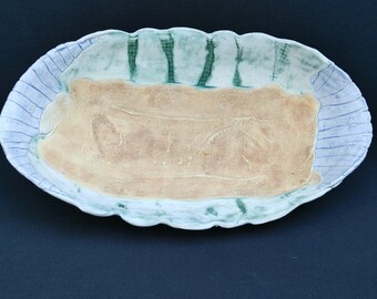 Artist Signed Pottery Bowl, Dog & Pony Art, Collectible Decor (16"L x 10"W)