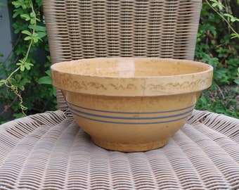 Antique Yellow Ware Mixing Bowl: Blue Stripe Farmhouse Decor
