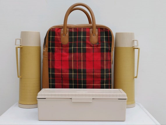 Thermos Red Plaid Picnic Set / 2 Thermos Bottles … - image 2