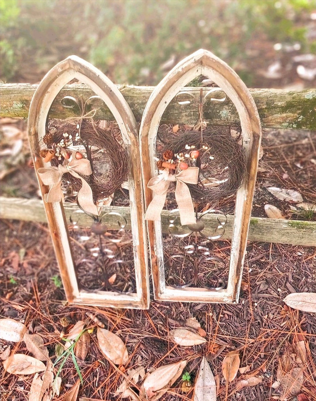 WINDOW WALL DECOR / Set of 2 / Arch / Wood and Metal / With 2 Faux