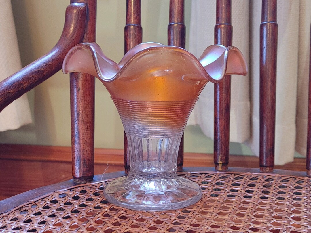 Northwood Fluted & Threaded Peach Carnival Glass Candy Bowl / Pedestal