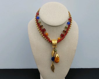 Vintage Gold Tone Glass Bead Necklace – Colorful 3 Strand, 16"