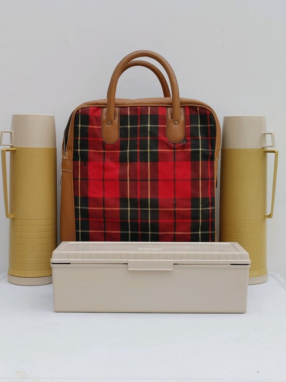 Thermos Red Plaid Picnic Set / 2 Thermos Bottles … - image 3