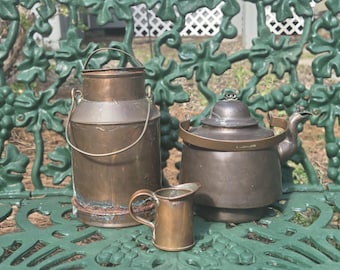 COPPER ANTIQUE KITCHENWARE:  Circa late 1800's/Early 1900's.  Milk Can/Measuring Pitcher/Kettle
