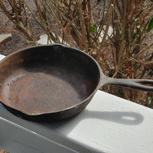 May include: A well-worn cast iron skillet with a dark brown patina. The skillet has a long handle with a loop at the end.