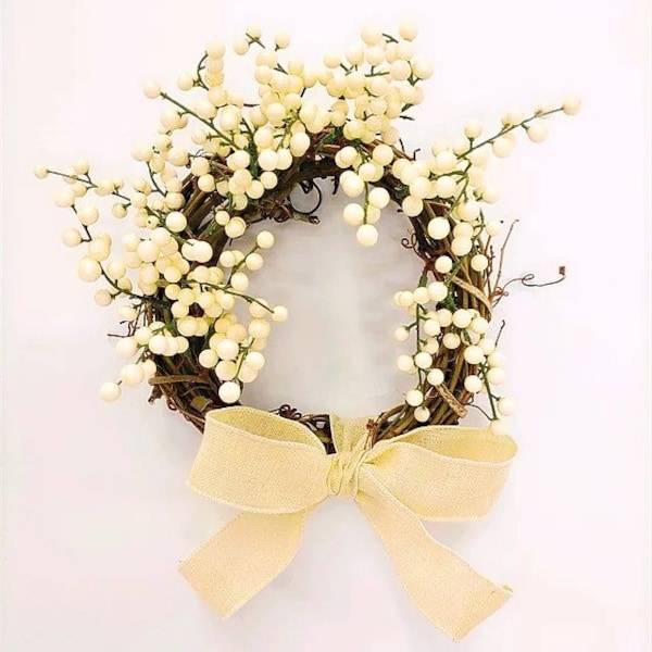 French Country Cottage Pip Berry Cream Wreath, Small Grapevine Farmhouse Wreath for Arch Window or Small Space, 8" to 10" Handmade