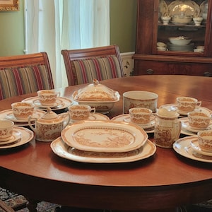 ENGLAND - FURNIVALS POTTERY China Quail 3 Plates, 8 Coffee Cups and Saucers, Cream and Sugar, Souffle, Vegetable Tureen, Serving Platters