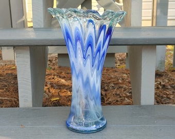 Vintage 1970s Handblown Blue & White Glass Vase, Crimped Rim, 11" Tall