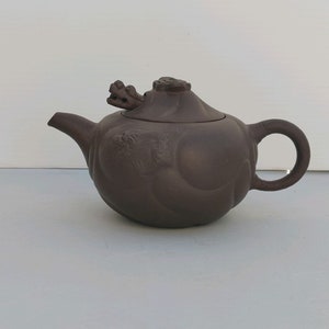 CHINA - DRAGON TEAPOT / Yixing Clay with Movable Dragon Head / Marked Lid / Chinese Tea Culture