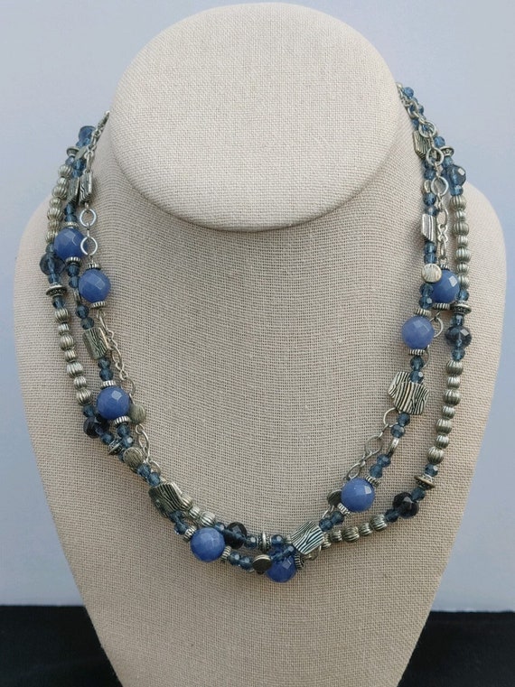 Silver & Blue Beads Vintage 18" 3 Strand Necklace