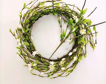 French Country Cottage Chic Wreath, Farmhouse Spring Willow Bloom Rustic Door Decor