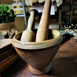MORTAR AND PESTLE: Mortar and Pestles with Primitive Pottery Bowl Hand Carved Artisan Wood Antique Pestles (2)