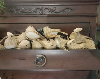 10  BURLAP BIRD ORNAMENTS - Burlap Hanging Birds