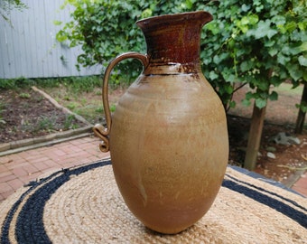 Handmade Pottery Pitcher – Earth Brown Glazed Jug, Boho MCM Centerpiece