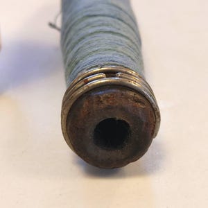 Antique Wooden Textile Mill Spool Bobbin Spindle W Blue Thread