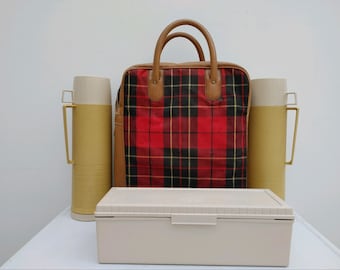 Vintage Thermos Picnic Set: Red Plaid Leather Bag, 1960s Memorabilia
