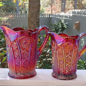 INDIANA GLASS:  Heirloom Sunset Ruby Red Iridescent Pitchers