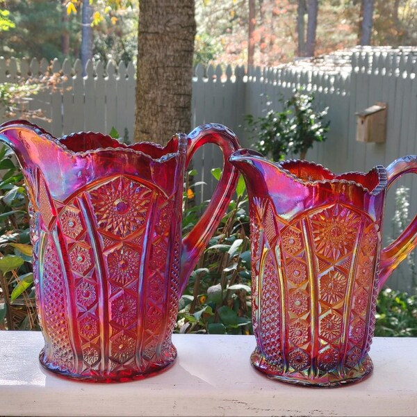 INDIANA GLASS:  Heirloom Sunset Ruby Red Iridescent Pitchers