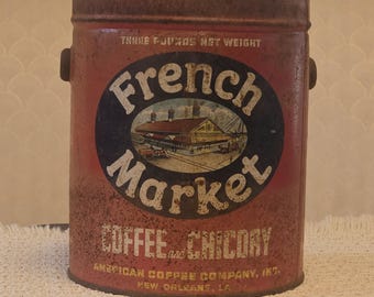 FRENCH MARKET COFFEE & Chicory Lithograph Antique Coffee Can