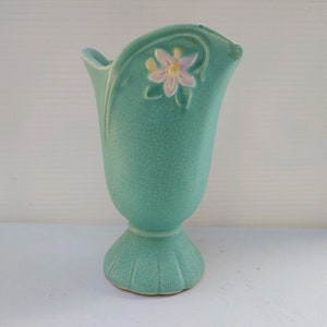 OHIO - WELLER 1920 AQUA Matte Finish Vase / Wild Rose Flower / F-3 / Antique Collectible / 7&quot; High / Beautiful Piece / Lovely Color