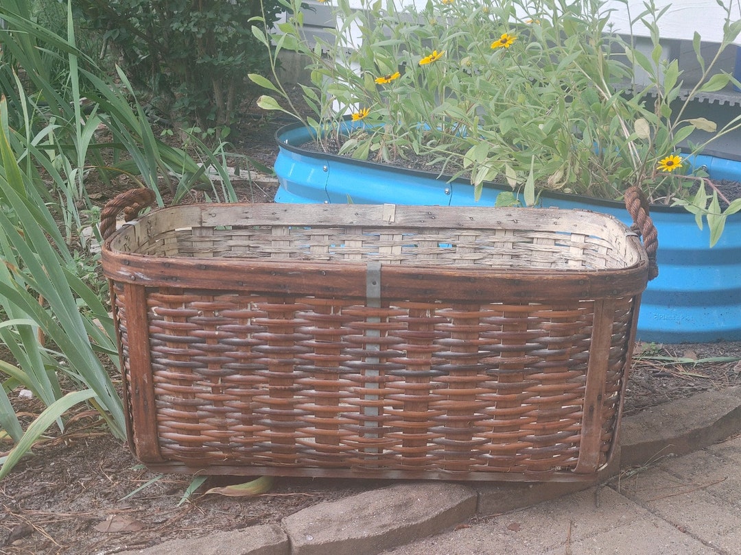 Split Reed Basket 1950's SPLIT-REED BASKET: Utility Basket Woven Split Reed Wood, Metal ...