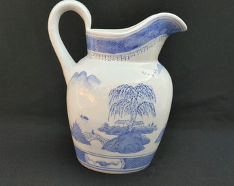 WILLIAMS SONOMA PITCHER: Blue and White Asian Oriental Scene