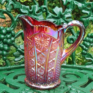 Rare Fenton Red Carnival Glass Iridescent Cherry Pattern Pitcher 9