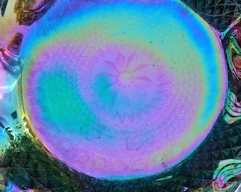 Blue Carnival Glass Dish – Iridescent Rainbow Colors, 1960s USA