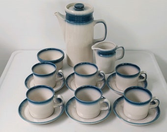 WEDGEWOOD "BLUE PACIFIC" China: Coffee Pot, Cream and Sugar Set, 6 Cups and Saucers