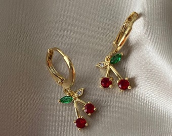 18k gold plated cherry huggie earrings, hypoallergenic earrings, comes gift wrapped