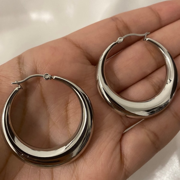 Sterling silver chunky hollow hoops • hypoallergenic hoops • silver hoops • waterproof hoops