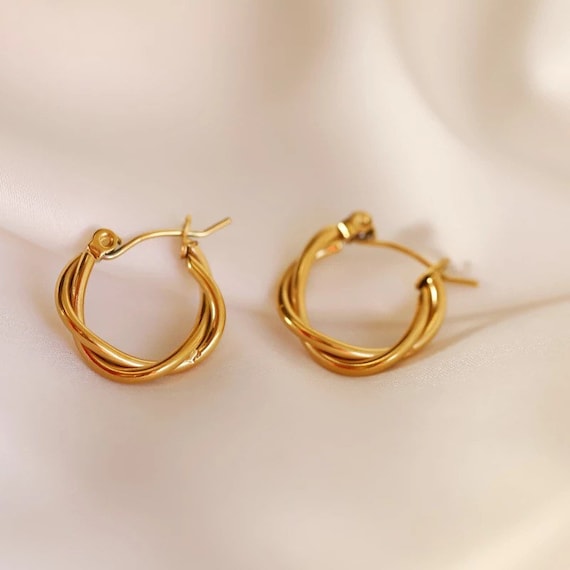18k Gold Filled Twist Hoop Earrings, Waterproof Small Hoops - Etsy