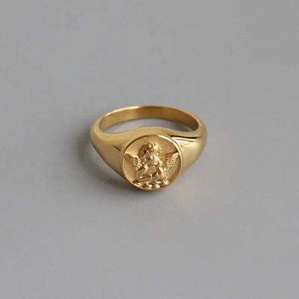 18k gold ANGEL cherub signet ring chunky gold ring,  stainless steel ring, waterproof ring, gift wrapped