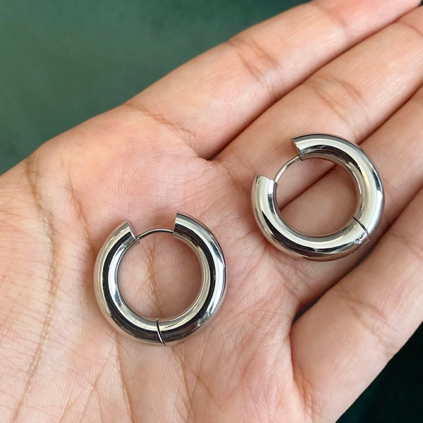 Sterling silver chunky hoops (medium size), waterproof silver hoops