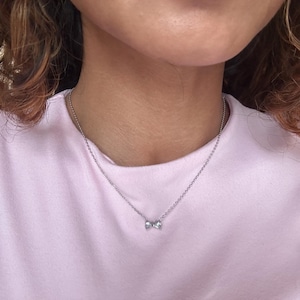 Silver plated mini gemstone bow necklace, stainless steel waterproof necklace, sparkle bow necklace