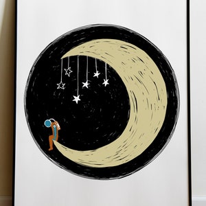 Stampa Luna e Stelle, Arte della parete, Spazio, Poster, Astronauta, Luna, Stelle, Stampa artistica, Stampe, Fantascienza, Alieno, Retrò