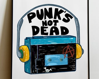 May include: A framed art print featuring a teal cassette tape with yellow accents and the words "PUNK'S NOT DEAD" above it. The cassette has a red anarchy symbol and a skull. The headphones are grey.