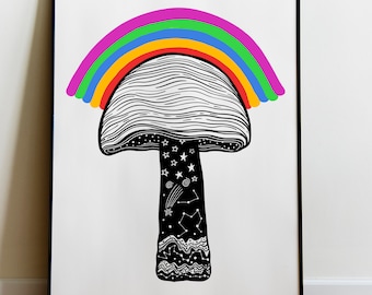 Psychedelischer Pilz Kunstdruck, Rainbow Fantasy Poster