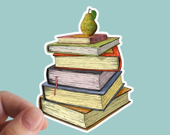 Adesivo de vinil com pilha de livros e pera, ideal para laptop e para quem ama ler.
