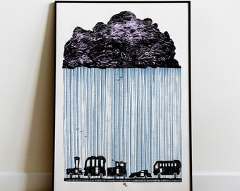 Retro Rainy Day Car Print, Black and White Cartoon Wall Art